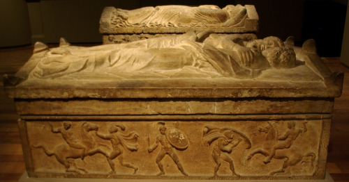 ancientart:Sarcophagus and lid with husband and wife, Etruscan, 350–300 B.C. Made of marble, found V