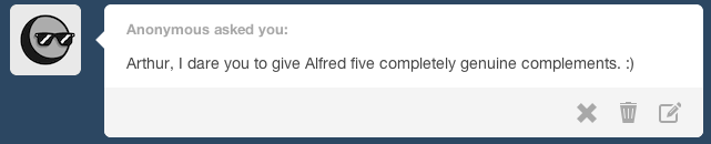 askskyrimusuk: Arthur: “Alfred is…  He’s…    ……  Alfred is Alfred. There