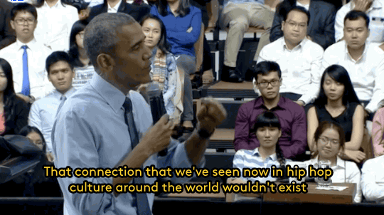 profeminist:  refinery29:   President Obama just perfectly captured what it’s like to love hip hop without ignoring its problems The woman he’s speaking to is a Vietnamese rapper named Suboi, who rapped to the President about financial inequality.
