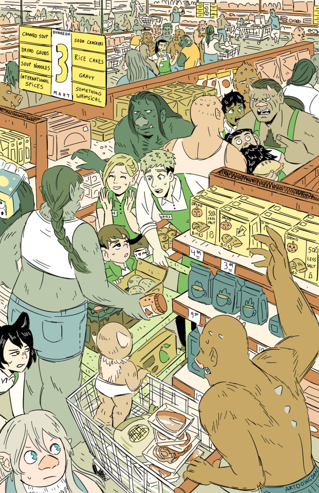 Fanart depicting a crowded scene in a grocery story or supermarket, portraying characters from Dungeon Meshi in a modern setting.