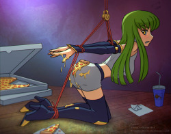 CC Pizza Butt CC is acting a bit naughty with her pizza addiction and was tied up.  But that doesn&rsquo;t stop her from trying to get some. Winning suggestion of the fanart community event. //Like what you see? Support us for more on going art content,