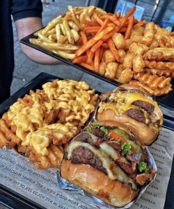 yummyfoooooood:Bacon Double Cheeseburgers with Cheesy Waffle Fries, Sweet Potato Fries, Skin-On Fries and Tater Tots