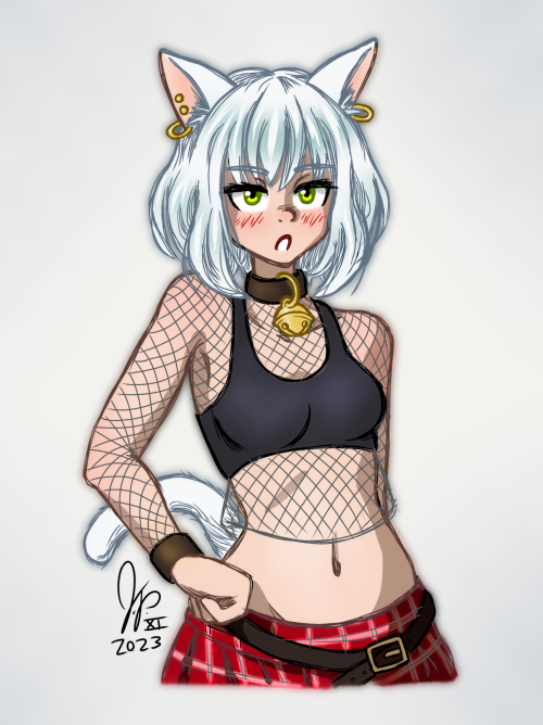 An anime-style drawing of a catgirl, who has large ears atop her head (with hoop earrings), and a tail, but otherwise human features. The ears and tail are white like her shoulder-length hair. She's wearing a mild punk kind of outfit, with a black bra-like top over a fishnet shirt, a red plaid miniskirt, and a black collar with a large jingle bell hanging from it. She has kind of an annoyed expression on her face.