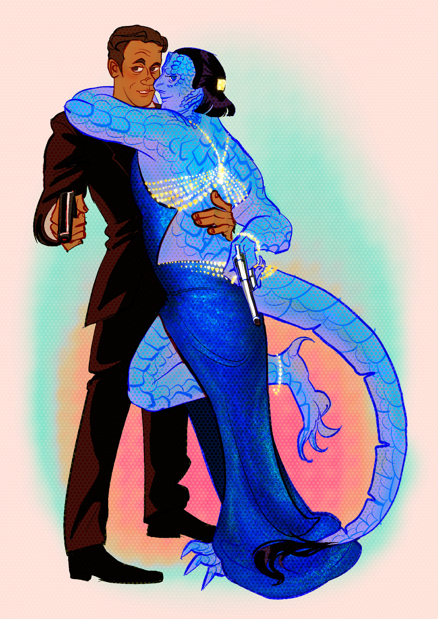 an alternate version of the full illustration where garak's dress is sparkly and blue instead of pink satin.