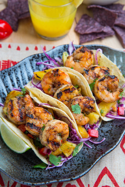 Hoardingrecipes:    Jerk Shrimp Tacos With Pineapple Salsa, Slaw And Pina Colada