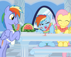 Cute fillies enjoying watermelon? What better an image to coincide with the nice weather all over the place. It&rsquo;s nearly for real-real Summertime; things are lookin&rsquo; good. So, in this lovely little commission piece, Rainbow Dash and Fluttershy
