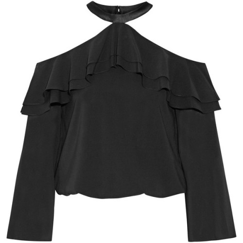 Alice + Olivia Layla ruffled satin-trimmed silk-blend top ❤ liked on Polyvore (see more cut out crop