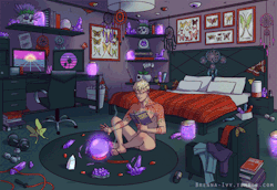 brenna-ivy:  Commission for @mermanmagicOriginal character Charles “Milk” Crowe in his bedroom.  Milk is a Dreamwalker and Terrormancer with albinism. He has a penchant for inciting nightmares and fears, but only in high school bullies and people