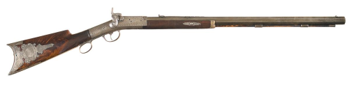 A rare factory engraved silver mounted Perry percussion breechloading rifle.  Produced in Newark, Ne