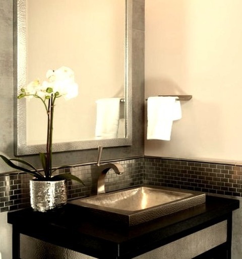 Transitional Powder Room San FranciscoIdea For A Powder Room With Gray Walls, A Vessel Sink, Open Cabinets,