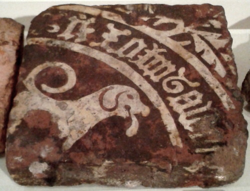 gunhilde:Medieval floor tile depicting a dog, found at Bawsey, 1075, on display at Norwich Castle Mu