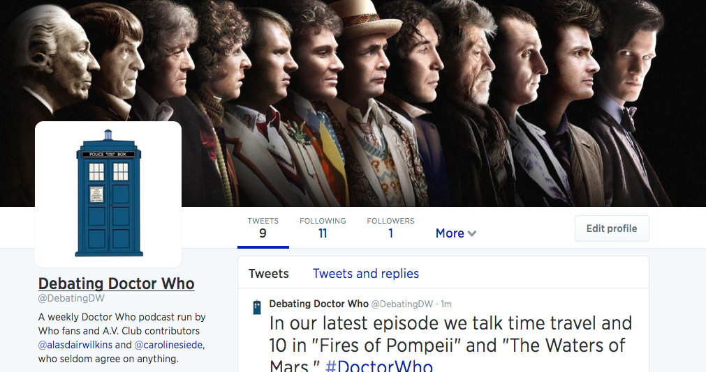 Hey party people! Debating Doctor Who now has an official Twitter account!! Follow @DebatingDW to stay up to date on our latest episodes, news, and other fun stuff.