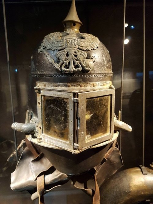 Helmet of a German WWI flamethrower soldier. www.reddit.com/r/pics/comments/7fws1c/helmet_of