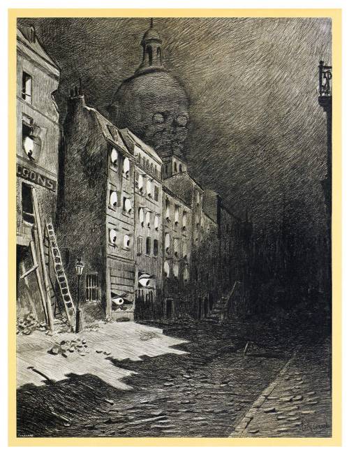 London about me gazed at me spectrally. The windows in the white houses were like the eye sockets of skulls.
Henrique Alvim Corrêa from La guerre des mondes by Herbert George Wells, Brussels: 1906.
Source: Internet Archive.