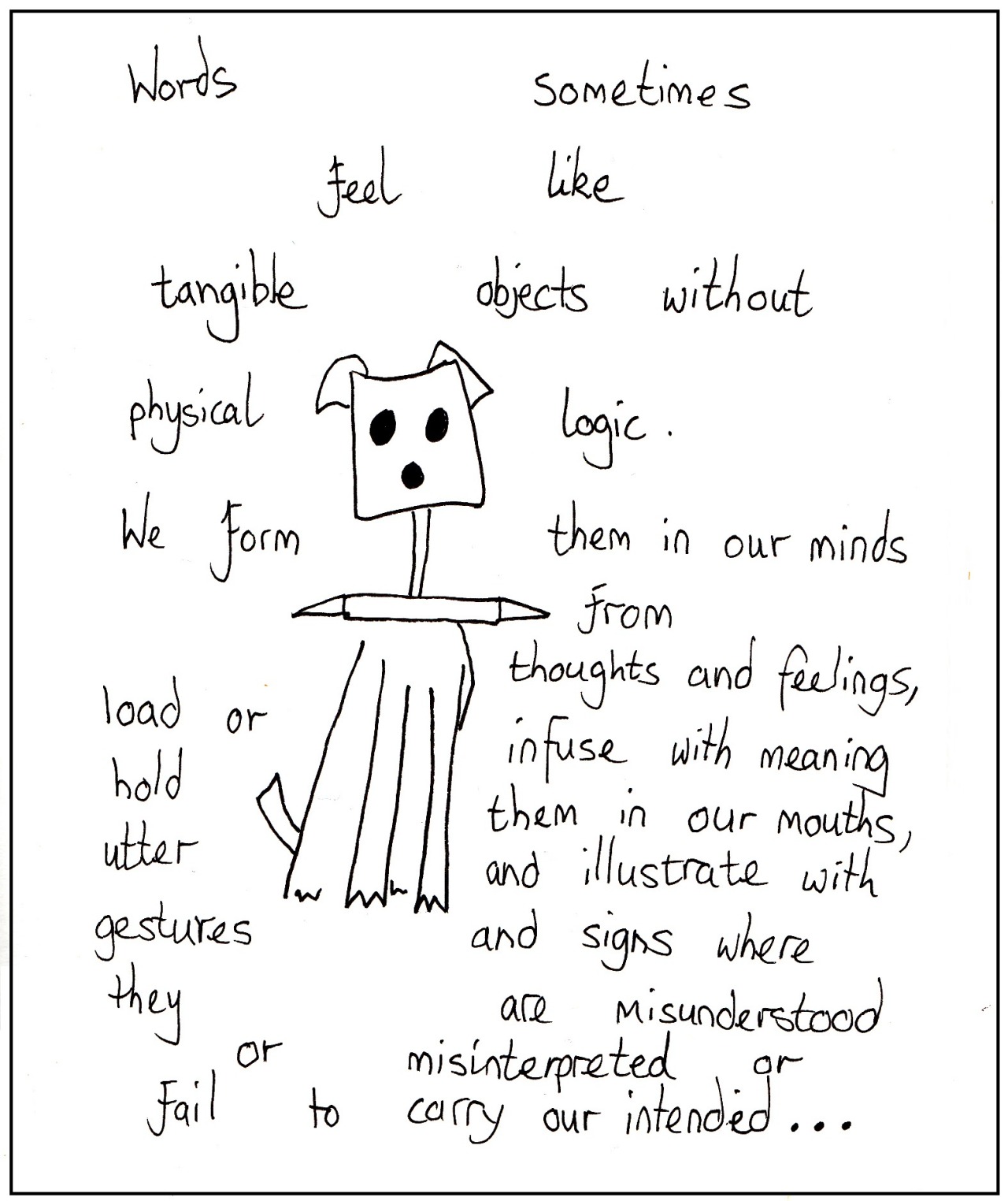 Words sometimes feel like tangible objects without physical logic. We form them in our minds from thoughts and feelings, load or infuse them with meaning, hold them in our mouths, utter and illustrate with gestures and signs where they are...