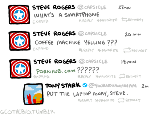 geothebio:  geothebio:  i realize that marvel has an official tony stark twitter but why don’t they have an official steve rogers twitter where all his tweets are just confused sentence fragments   