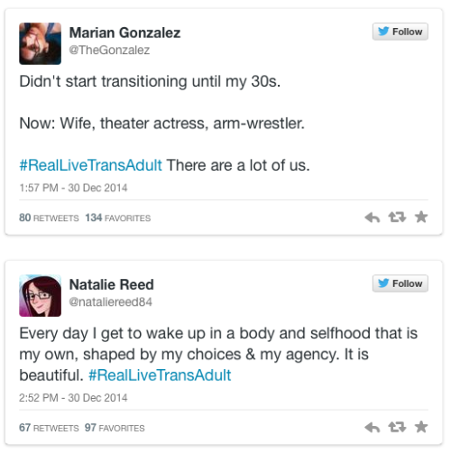 micdotcom:  These powerful #RealLiveTransAdult tweets are showing trans youth, you’re not alone   Heartbroken by reports of Leelah Alcorn’s suicide, Oakland-based comedian Red Durkin started the hashtag #RealLiveTransAdult. Durkin told Mic that she