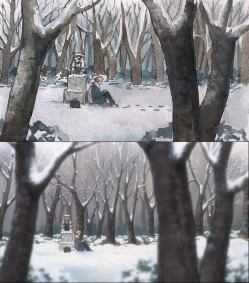 wintersmeltintosprings:  Natsume Yuujinchou - Screencaps redraw using watercolors and pencil -by me 