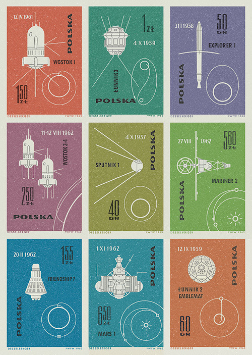 spacewatching:Polish space stamps showing different launched vehicles and their orbits from the 1960