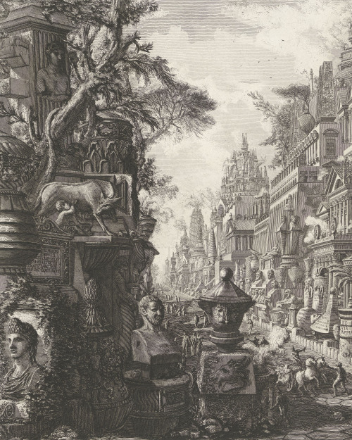 Frontispiece with a fantasy representation of the Via Appia Antica (details) by Giovanni Battista Pi