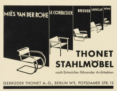 Advertisement for Thonet steel tube furniture, made by Mies van der Rohe, Le Corbusier, Marcel Breue