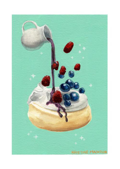 The Dessert series, in Gouache. Cheese tea, Green Tea Ispahan, Berry Pavlova, Rainbow Cake, Strawber