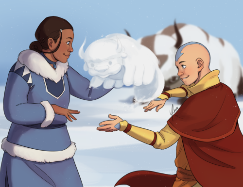 yinza: Patreon reward of Aang and Katara snowbending a lil Appa![Image Description: Digital fanart o