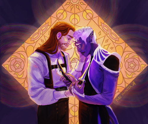 [id: Critical Role characters Caleb Widogast and Essek Thelyss stand in front of a stained glass win