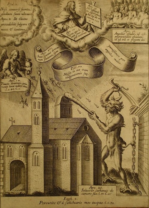 blackpaint20:17th century Engraving depicting a Satanic attack upon a Church