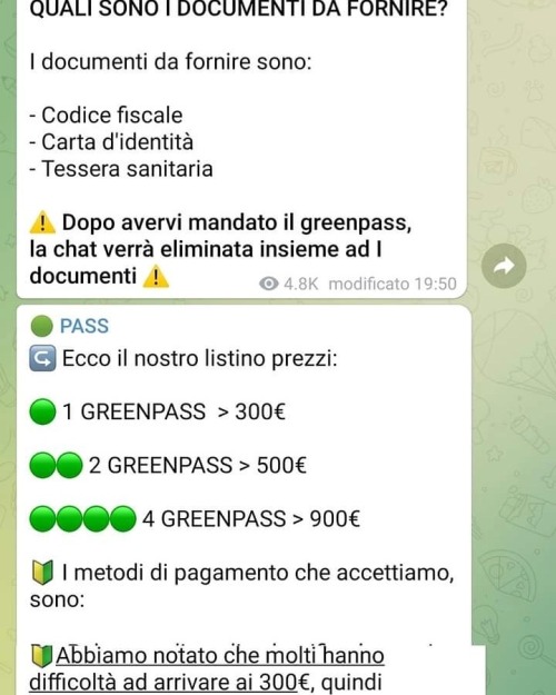 Scemo + scemo!😶
Da #Facebook I “No Green Pass” che hanno acquistato, a caro prezzo su Telegram (dai 100€ ai 300€) Green Pass falsi, si sono imbufaliti perchè hanno scoperto che non funzionano e ora vogliono indietro i loro soldi, altrimenti...