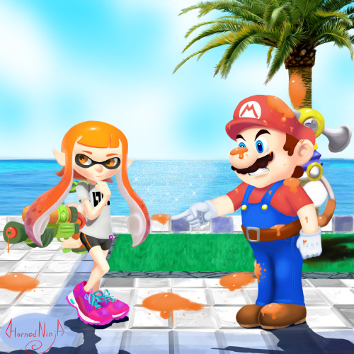 hornedninja:  “It wasn’t me Mr Mario!”My entry for the Splatoon  fan art contest!  Please check me out on facebook if you could.https://www.facebook.com/hornedninja  :)  stick it to that plumber lol XD