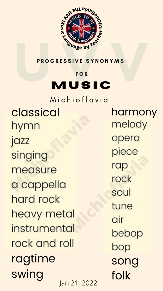 Synonyms - MusicThe UVV Music Language by Teacher MichioflaviaJan 22, 2022 #the uvv music language by teacher michioflavia #synonyms#music#song #queer as folk  #rock and roll #tune#swing