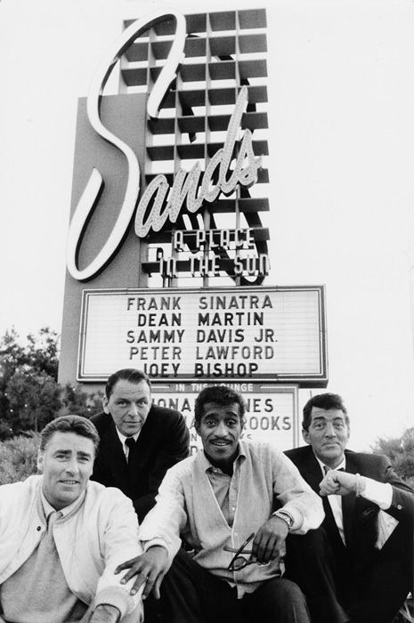 foreverfranksinatra:The rat pack photographed by the sands sign.