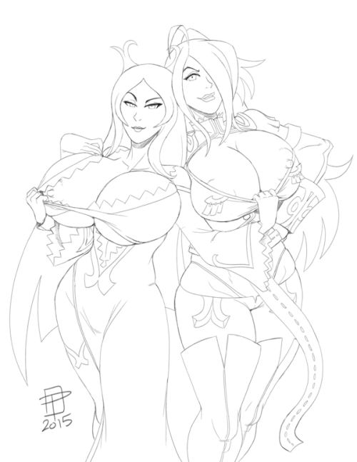 pinupsushi: Double-double dragons by CallMePo Mature commission for Rudeboy of Garnet McClaine and Machina  from Dragonaut: The Resonance trying to embarrass each other. 