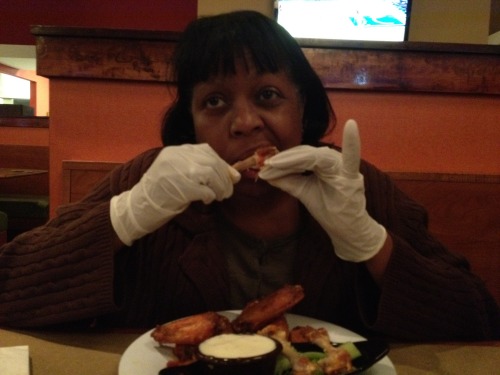 rainbowraconteur:  That time my mom made the waitress give her a pair of gloves to eat her wings so she wouldn’t mess up her nails. 