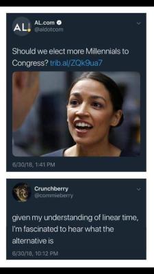 elodieunderglass:  thebaconsandwichofregret:  whitepeopletwitter: Jurassic Congress the oldest millennials are 35. We’re also eligible for the Senate and the White House too.   “given my understanding of linear time”  