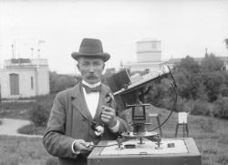 historicaltimes: Meteorologist Jonas Westman whit a meteorological measuring instrument, Uppsala, Sweden c.1900 via reddit 