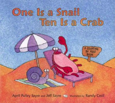 Book cover shows a crab on a beach chair and a snail on a beach blanket under a big umbrella