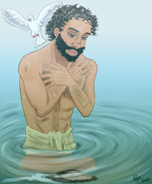 Jesus Christ in the Jordan River has his arms folded over his chest, slightly bowed, as the Holy Spirit as a dove descends upon him towards his right shoulder.
