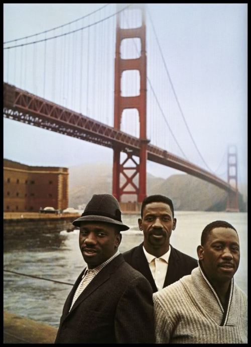 rjt4:Montgomery Brothers, Buddy, Monk and Wes at foot of Golden Gate. Photo by William Claxton.