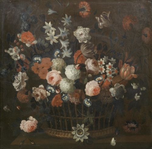 Simon Hardimé  (1672 - 1737)Roses, tulips, narcissi and other flowers in a wicker basket on a stone 