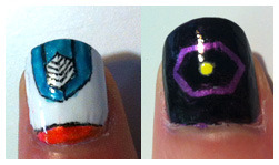 grimdark-and-handsome:  Nothing wrong with changing your paint scheme every now and then! This is my first attempt at detailed nail art, so please excuse any mistakes.   …I probably should have chosen a manicure with a happier theme since now I have