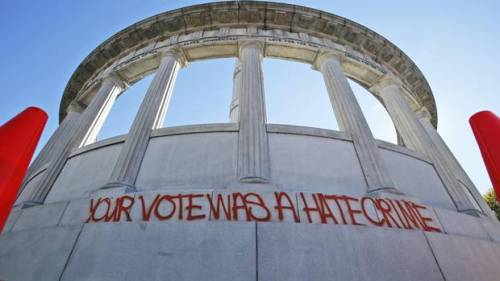 thepoliticalnotebook: “YOUR VOTE WAS A HATE CRIME” graffitied on the monument to Jeffers