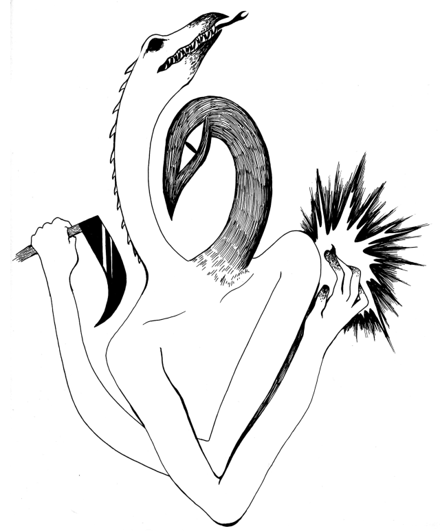 A pen drawing of a two-headed creature from the chest up. The left head is lizardlike and looking up, the right is birdlike with its head pointing down and looking at the viewer. The torso is humanoid with the arms crossed, the left one gripping a scythe and the right with a circle of abstract rays surrounding the fingers