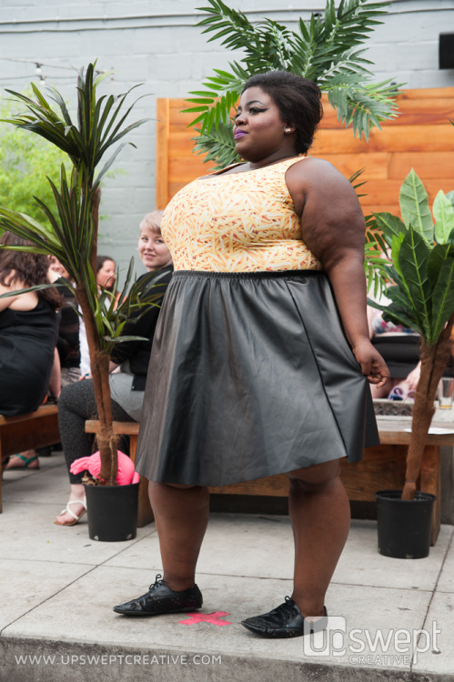 chubbycartwheels:  chubbycartwheels:  “The final line to present was Chubby Cartwheels, who served some serious kitschy-chic style. The collection was full of crop tops, leather/pleather skirts, and campy food based prints, such as french fries and