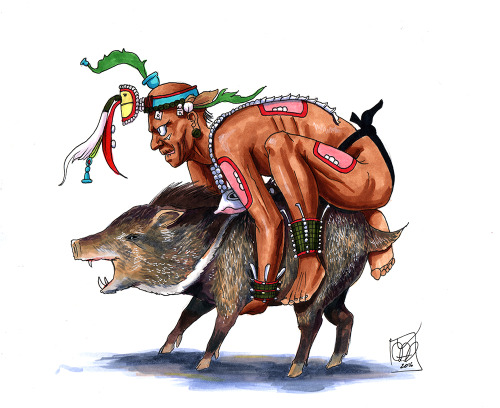 Hunting scene - Itzamnaaj mounted on a peccary. Based on a Maya vase.