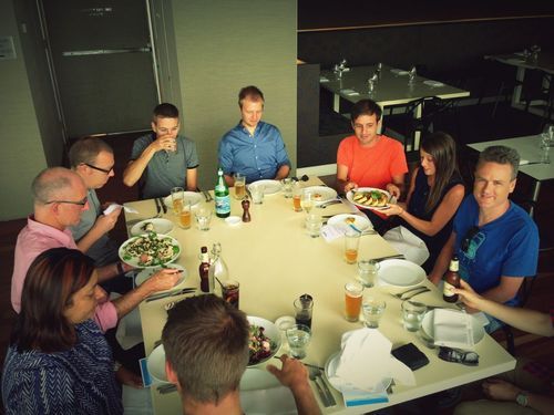 A rare TNA team get-together. Left to right: Torsten (back of head), Rai, Tony, Andy, Loic, Oliver, Jim, Jinka, Steven and Zach (the hand holding a bottle of Little Creatures).