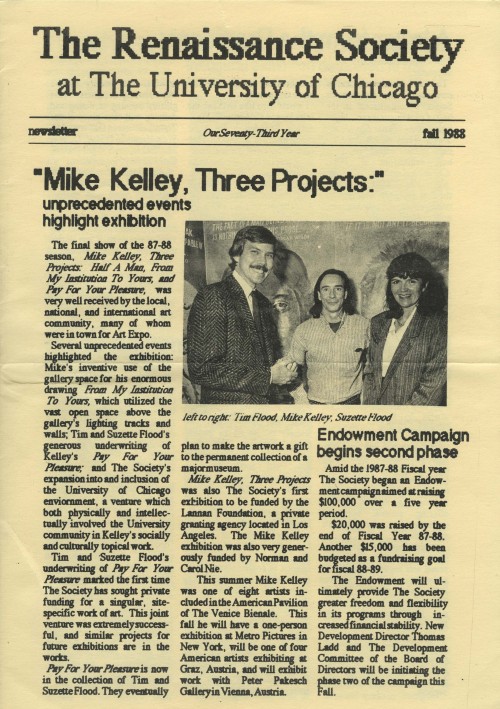 Cover of Fall 1988 newsletter with image of Mike Kelley at the opening of his exhibition Three Proje