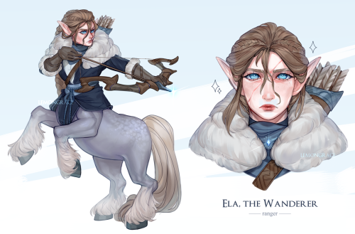 my new D&D character, Ela! she’s a Fey Wanderer ranger from the cold, northern regions 