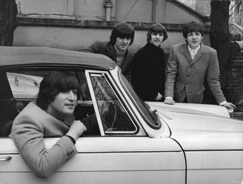 The Beatles on the day John Lennon passed his driving test, 15 February 1965(Photos by Evening Stand
